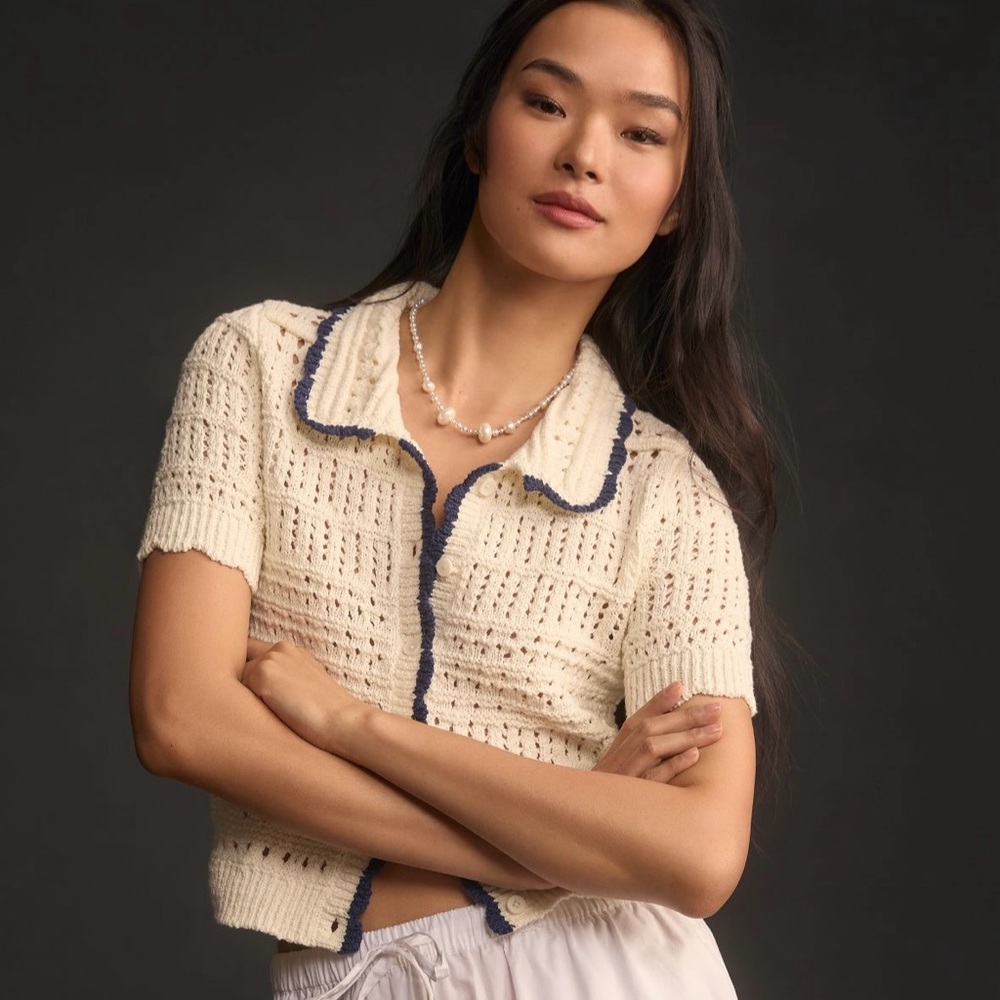 Anthropologie NWT Maeve Short-Sleeve Open Stitch Polo Cardigan Sweater